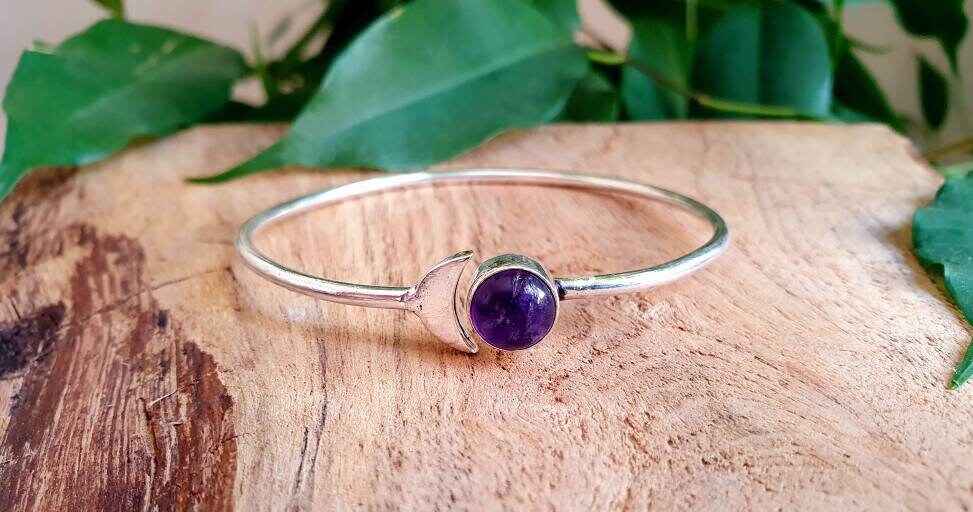 Moon Bracelet / Silver & Amethyst / Bangle / Galaxy / Solar System / Planets / Boho / Adjustable / Hippie / Chic / Sun