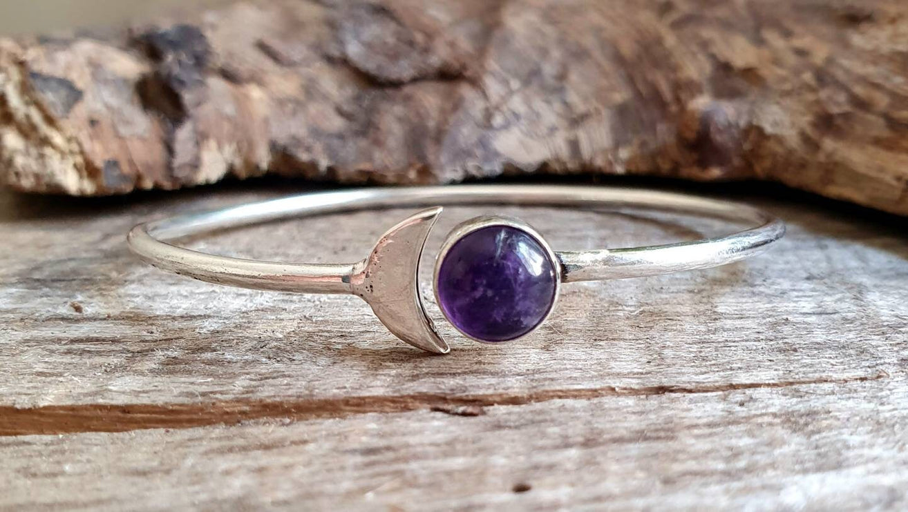 Moon Bracelet / Silver & Amethyst / Bangle / Galaxy / Solar System / Planets / Boho / Adjustable / Hippie / Chic / Sun