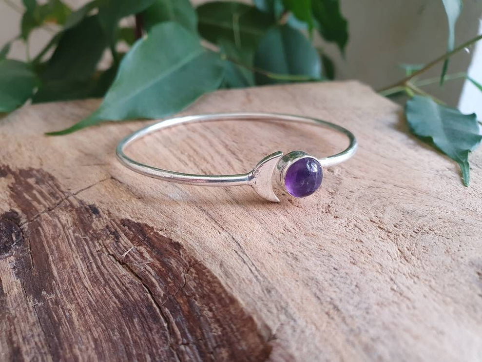 Moon Bracelet / Silver & Amethyst / Bangle / Galaxy / Solar System / Planets / Boho / Adjustable / Hippie / Chic / Sun