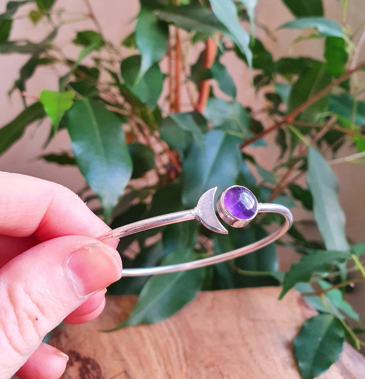 Moon Bracelet / Silver & Amethyst / Bangle / Galaxy / Solar System / Planets / Boho / Adjustable / Hippie / Chic / Sun