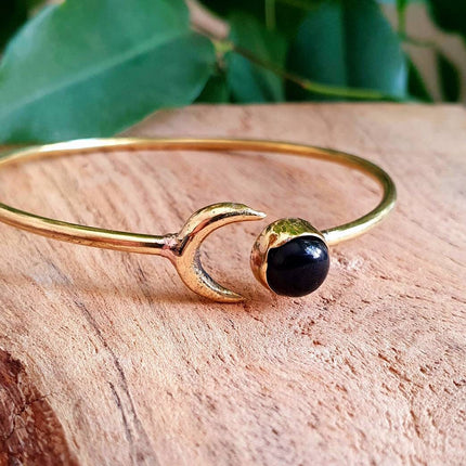 Golden Moon Bracelet / Black Onyx / Bangle / Galaxy / Solar System / Planets / Boho / Adjustable / Hippie / Chic / Sun