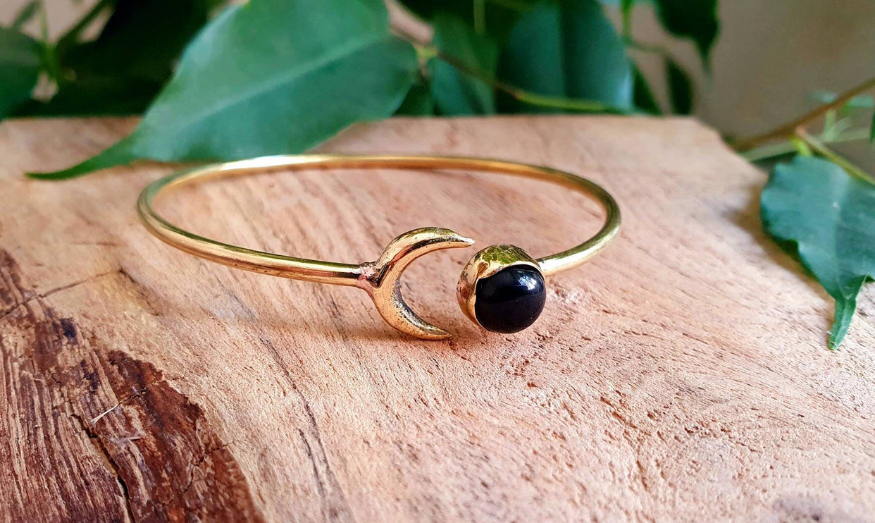 Golden Moon Bracelet / Black Onyx / Bangle / Galaxy / Solar System / Planets / Boho / Adjustable / Hippie / Chic / Sun