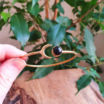 Golden Moon Bracelet / Black Onyx / Bangle / Galaxy / Solar System / Planets / Boho / Adjustable / Hippie / Chic / Sun