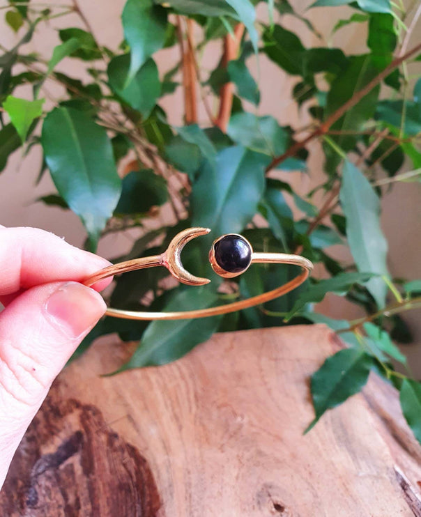 Golden Moon Bracelet / Black Onyx / Bangle / Galaxy / Solar System / Planets / Boho / Adjustable / Hippie / Chic / Sun