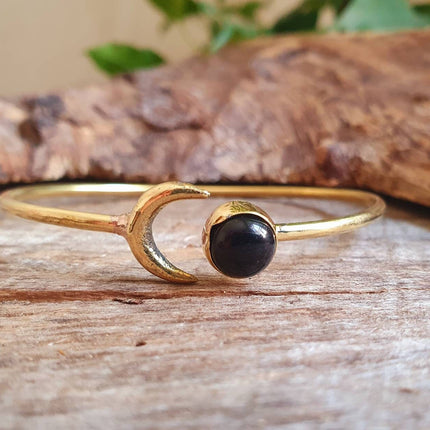 Golden Moon Bracelet / Black Onyx / Bangle / Galaxy / Solar System / Planets / Boho / Adjustable / Hippie / Chic / Sun