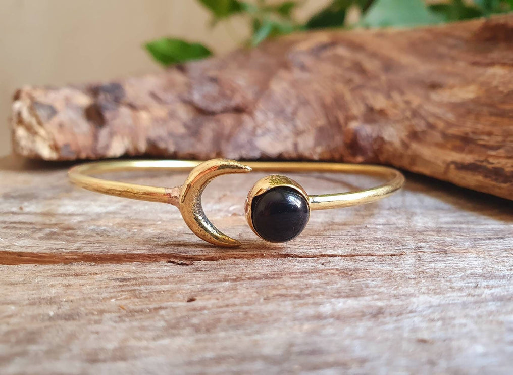 Golden Moon Bracelet / Black Onyx / Bangle / Galaxy / Solar System / Planets / Boho / Adjustable / Hippie / Chic / Sun