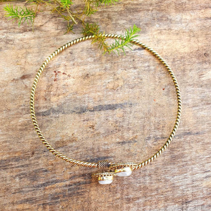 Golden Arm Bracelet Brass & Moonstone / Tribal / Spiral / Boho / Bangle/ Ethnic / Rustic / Bohemian / Hippie / Gypsy / Psy / Adjustable