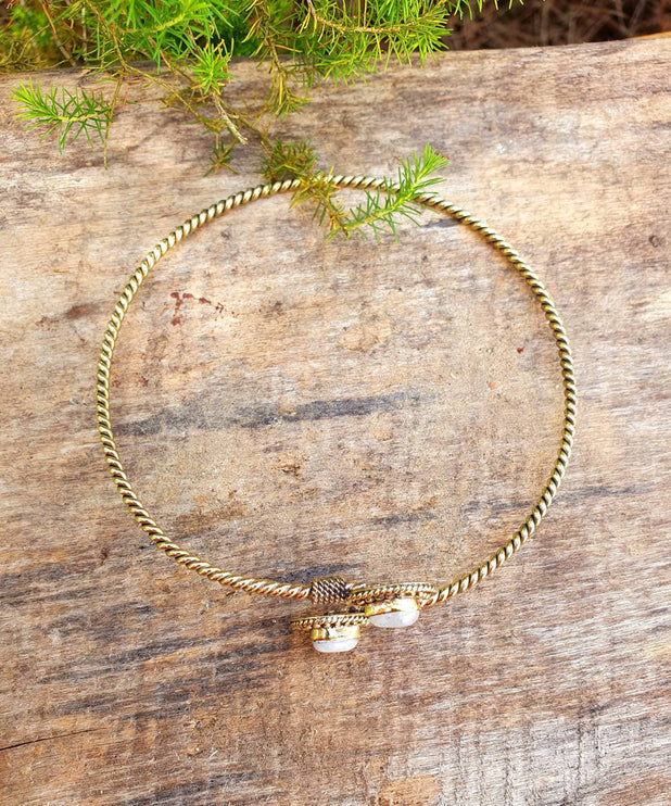 Golden Arm Bracelet Brass & Moonstone / Tribal / Spiral / Boho / Bangle/ Ethnic / Rustic / Bohemian / Hippie / Gypsy / Psy / Adjustable