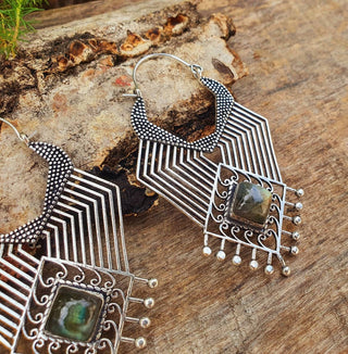 Ethnic Inca Labradorite Silver Earrings / Tribal / Rustic / Yoga / Hippie / Gypsy / Psy / Boho / Bohemian / Festival