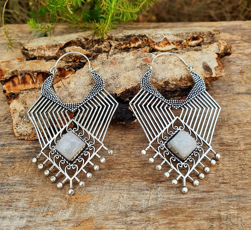 Ethnic Geometric Moonstone Silver Earrings / Tribal / Rustic / Yoga / Hippie / Gypsy / Psy / Boho / Bohemian / Festival