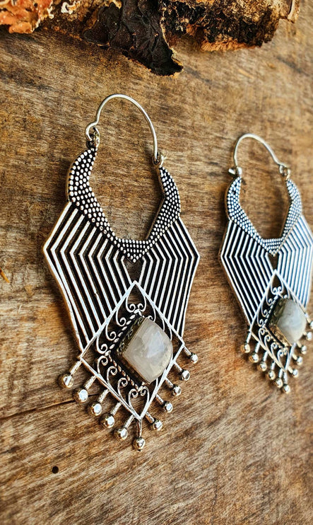 Ethnic Geometric Moonstone Silver Earrings / Tribal / Rustic / Yoga / Hippie / Gypsy / Psy / Boho / Bohemian / Festival