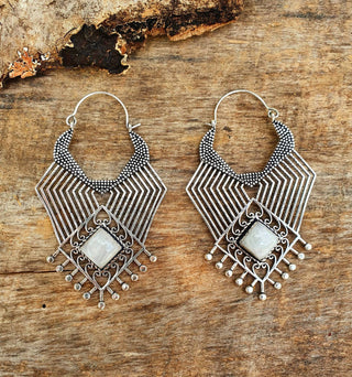 Ethnic Geometric Moonstone Silver Earrings / Tribal / Rustic / Yoga / Hippie / Gypsy / Psy / Boho / Bohemian / Festival