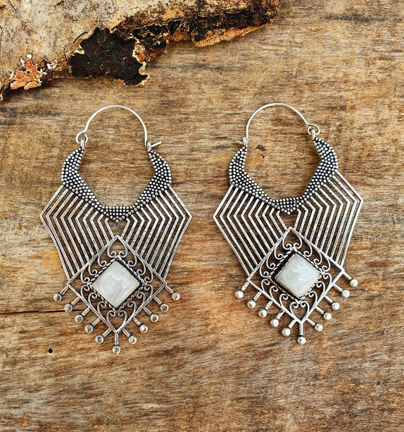Ethnic Geometric Moonstone Silver Earrings / Tribal / Rustic / Yoga / Hippie / Gypsy / Psy / Boho / Bohemian / Festival