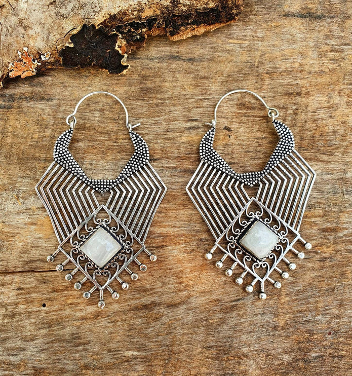 Ethnic Geometric Moonstone Silver Earrings / Tribal / Rustic / Yoga / Hippie / Gypsy / Psy / Boho / Bohemian / Festival