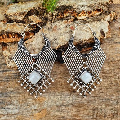 Ethnic Geometric Moonstone Silver Earrings / Tribal / Rustic / Yoga / Hippie / Gypsy / Psy / Boho / Bohemian / Festival