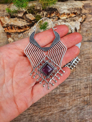 Extra Large Silver Ethnic Earrings Amethyst / Tribal / Rustic / Yoga / Hippie / Gypsy / Psy / Boho / Bohemian / Festival