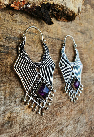 Extra Large Silver Ethnic Earrings Amethyst / Tribal / Rustic / Yoga / Hippie / Gypsy / Psy / Boho / Bohemian / Festival