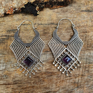 Extra Large Silver Ethnic Earrings Amethyst / Tribal / Rustic / Yoga / Hippie / Gypsy / Psy / Boho / Bohemian / Festival