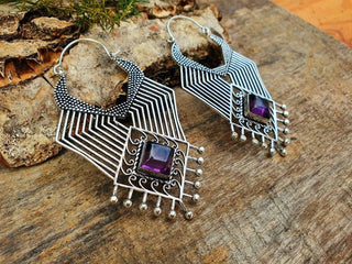 Extra Large Silver Ethnic Earrings Amethyst / Tribal / Rustic / Yoga / Hippie / Gypsy / Psy / Boho / Bohemian / Festival