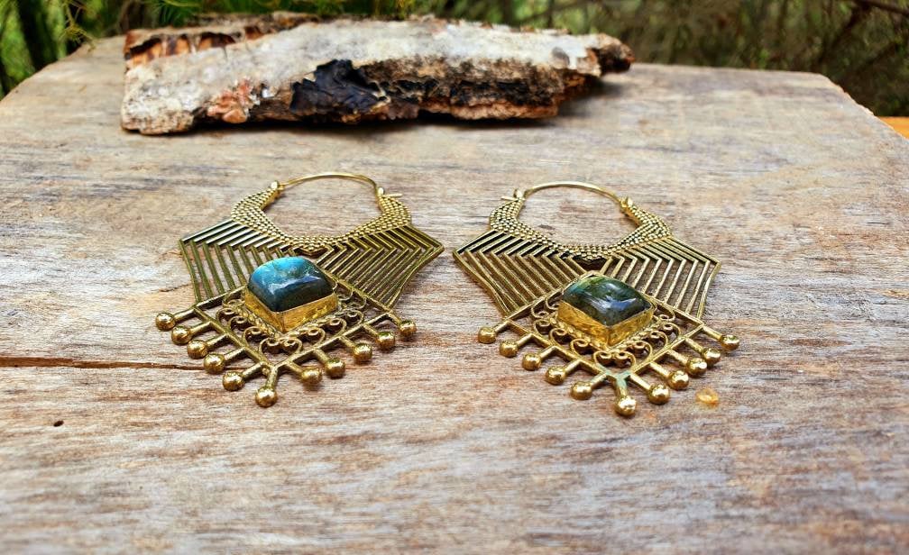 Ethnic Inca Labradorite Golden Earrings / Tribal / Rustic / Yoga / Hippie / Gypsy / Psy / Boho / Bohemian / Festival