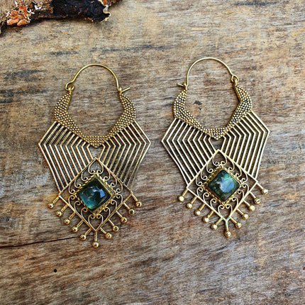 Ethnic Inca Labradorite Golden Earrings / Tribal / Rustic / Yoga / Hippie / Gypsy / Psy / Boho / Bohemian / Festival