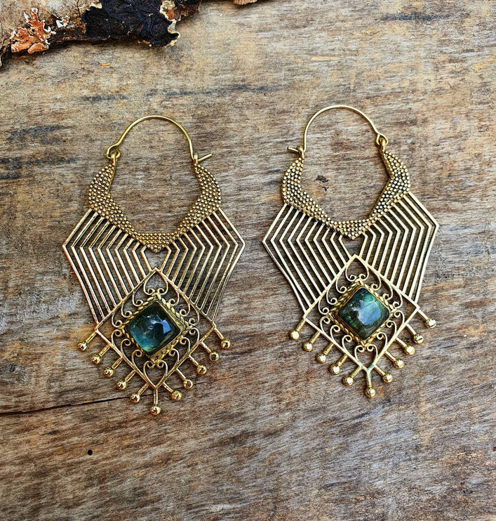 Ethnic Inca Labradorite Golden Earrings / Tribal / Rustic / Yoga / Hippie / Gypsy / Psy / Boho / Bohemian / Festival