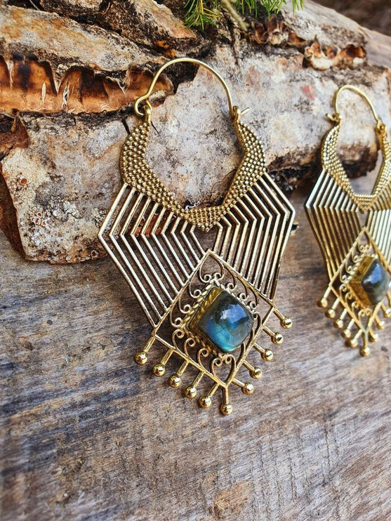 Ethnic Inca Labradorite Golden Earrings / Tribal / Rustic / Yoga / Hippie / Gypsy / Psy / Boho / Bohemian / Festival