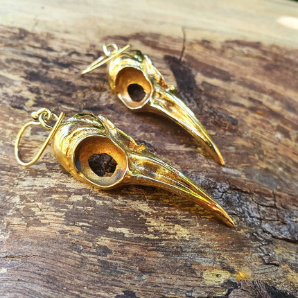 Large Gold Raven Skull Earrings / Bird Skull / Ear Weights / Viking / Nordic / Gothic / Taxidermy / Witchcraft / Animal Earrings