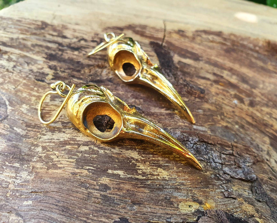 Large Gold Raven Skull Earrings / Bird Skull / Ear Weights / Viking / Nordic / Gothic / Taxidermy / Witchcraft / Animal Earrings