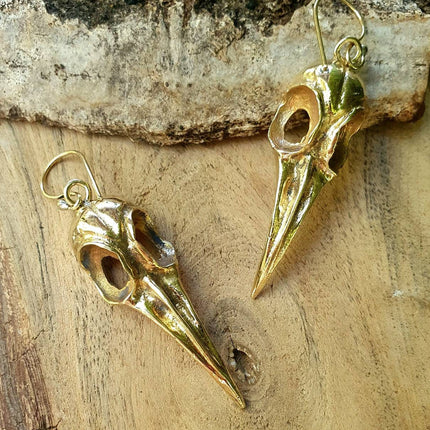 Large Gold Raven Skull Earrings / Bird Skull / Ear Weights / Viking / Nordic / Gothic / Taxidermy / Witchcraft / Animal Earrings