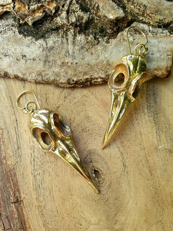 Large Gold Raven Skull Earrings / Bird Skull / Ear Weights / Viking / Nordic / Gothic / Taxidermy / Witchcraft / Animal Earrings