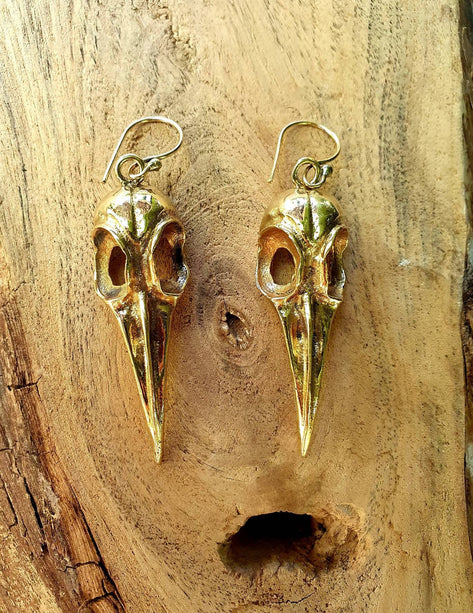 Large Gold Raven Skull Earrings / Bird Skull / Ear Weights / Viking / Nordic / Gothic / Taxidermy / Witchcraft / Animal Earrings