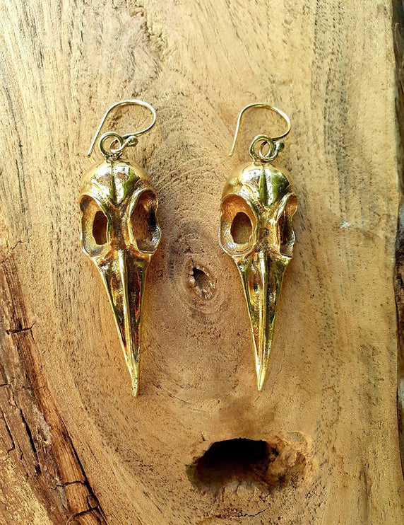 Large Gold Raven Skull Earrings / Bird Skull / Ear Weights / Viking / Nordic / Gothic / Taxidermy / Witchcraft / Animal Earrings