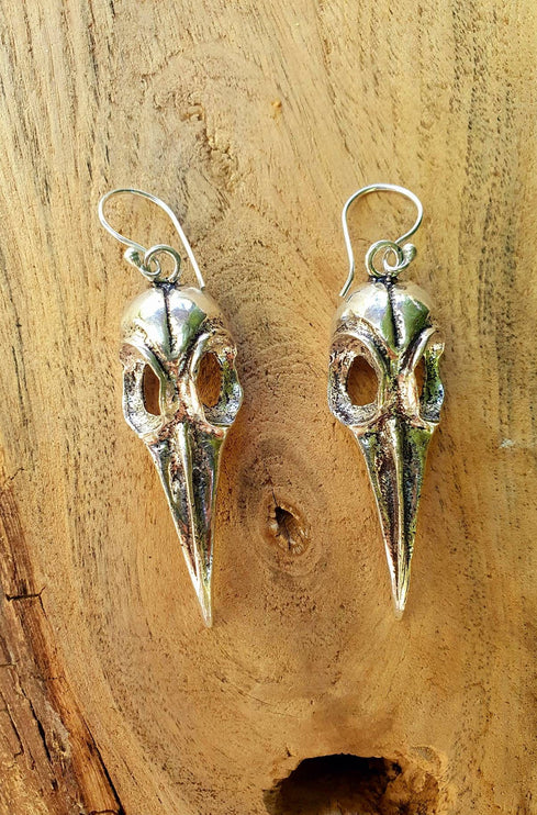 Large Silver Raven Skull Earrings / Bird Skull / Ear Weights / Viking / Nordic / Gothic / Taxidermy / Witchcraft / Animal Earrings