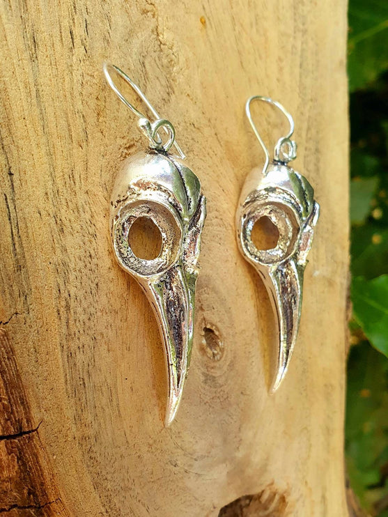 Large Silver Raven Skull Earrings / Bird Skull / Ear Weights / Viking / Nordic / Gothic / Taxidermy / Witchcraft / Animal Earrings