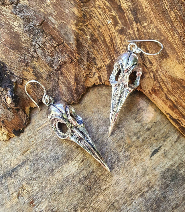 Large Silver Raven Skull Earrings / Bird Skull / Ear Weights / Viking / Nordic / Gothic / Taxidermy / Witchcraft / Animal Earrings