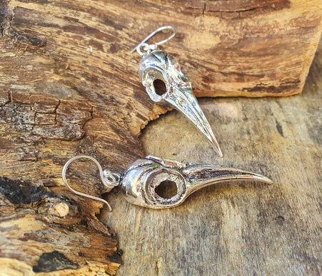 Large Silver Raven Skull Earrings / Bird Skull / Ear Weights / Viking / Nordic / Gothic / Taxidermy / Witchcraft / Animal Earrings