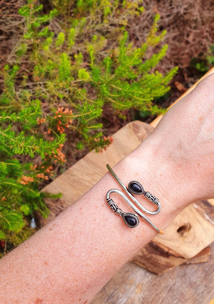 Silver Spiral Boho Black Onyx Bracelet / Bangle / Ethnic / Rustic / Bohemian / Hippie / Gypsy / Psy / Jewellery / Body / Adjustable