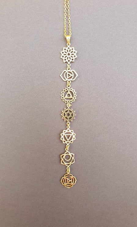 Gold Seven 7 Chakras Necklace / Hypoallergenic / Brass / Yoga / Reiki / Boho / Hippie / Rustic / Ethnic / Crystals / Third Eye / Illuminati