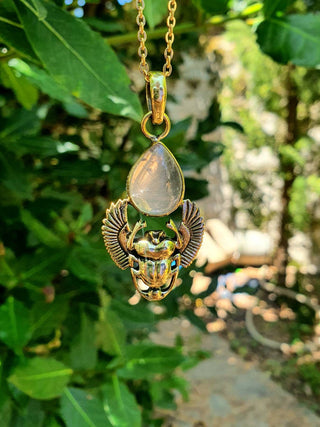 Golden Scarab Necklace / Rose Quartz / Talisman / Third Eye / Hypoallergenic / Brass / Boho / Inca / Ethnic / Illuminati
