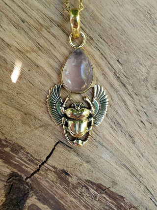 Golden Scarab Necklace / Rose Quartz / Talisman / Third Eye / Hypoallergenic / Brass / Boho / Inca / Ethnic / Illuminati