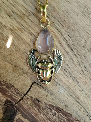 Golden Scarab Necklace / Rose Quartz / Talisman / Third Eye / Hypoallergenic / Brass / Boho / Inca / Ethnic / Illuminati