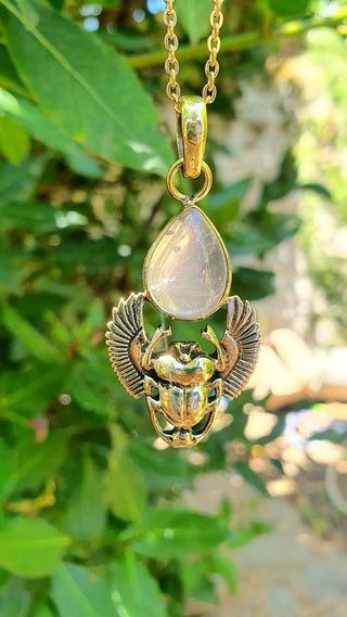 Golden Scarab Necklace / Rose Quartz / Talisman / Third Eye / Hypoallergenic / Brass / Boho / Inca / Ethnic / Illuminati