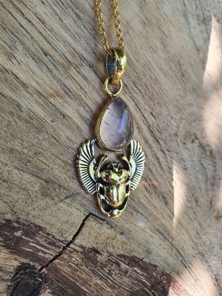 Golden Scarab Necklace / Rose Quartz / Talisman / Third Eye / Hypoallergenic / Brass / Boho / Inca / Ethnic / Illuminati