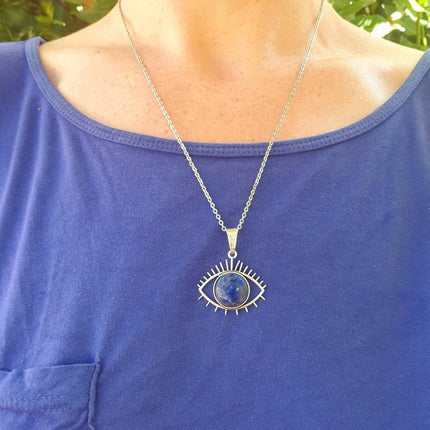 Silver Eye of Protection Necklace / Lapis Lazuli / Third Eye / Hypoallergenic / Brass / Boho / Inca / Ethnic / Hypoallergenic / Illuminati