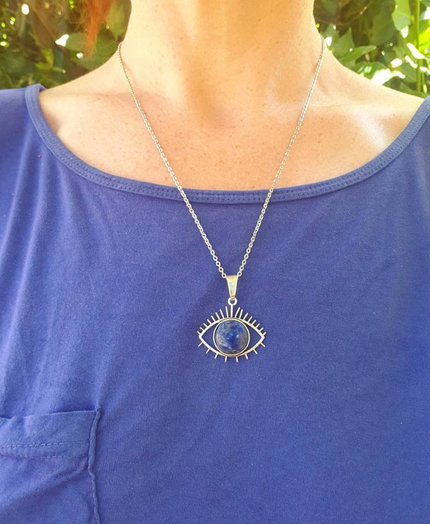 Silver Eye of Protection Necklace / Lapis Lazuli / Third Eye / Hypoallergenic / Brass / Boho / Inca / Ethnic / Hypoallergenic / Illuminati