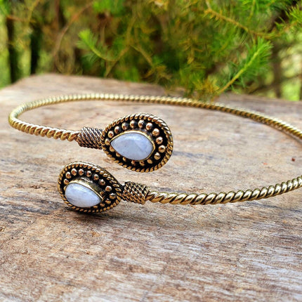 Golden Arm Bracelet Brass & Moonstone / Tribal / Spiral / Boho / Bangle/ Ethnic / Rustic / Bohemian / Hippie / Gypsy / Psy / Adjustable