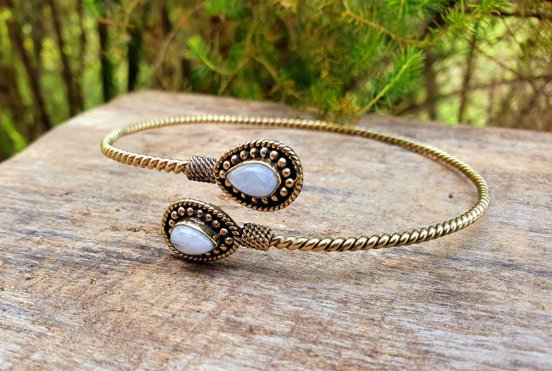 Golden Arm Bracelet Brass & Moonstone / Tribal / Spiral / Boho / Bangle/ Ethnic / Rustic / Bohemian / Hippie / Gypsy / Psy / Adjustable