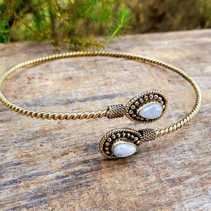 Golden Arm Bracelet Brass & Moonstone / Tribal / Spiral / Boho / Bangle/ Ethnic / Rustic / Bohemian / Hippie / Gypsy / Psy / Adjustable