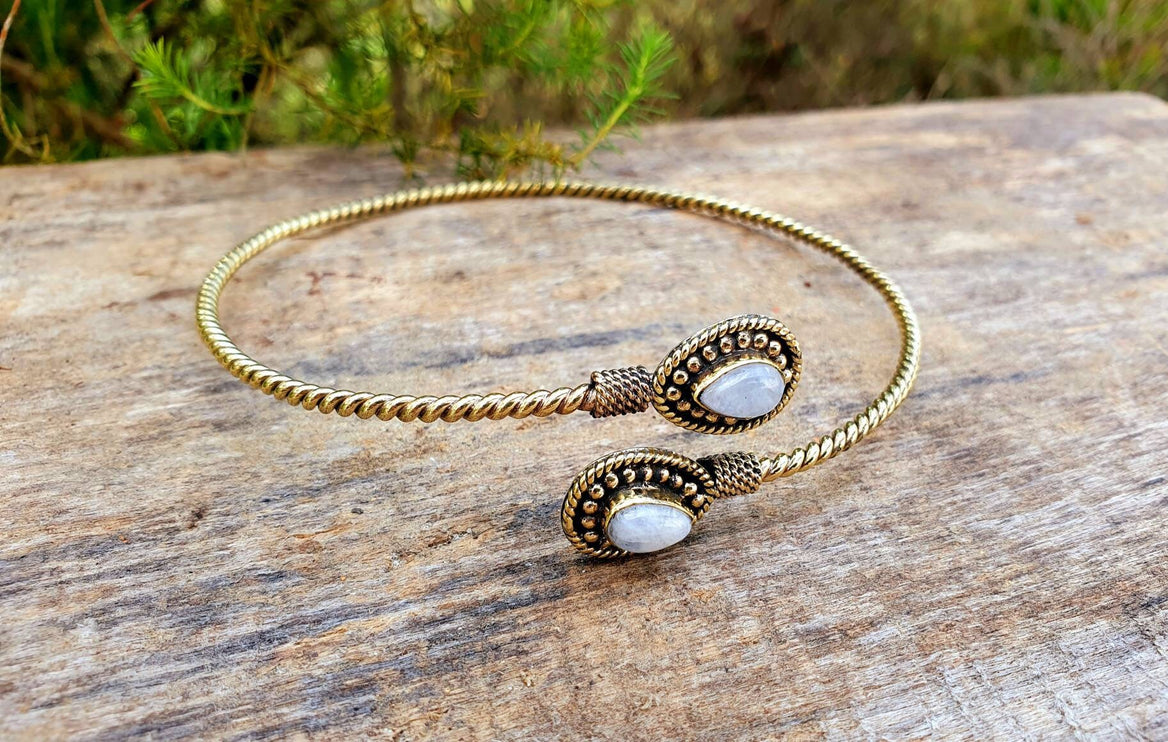 Golden Arm Bracelet Brass & Moonstone / Tribal / Spiral / Boho / Bangle/ Ethnic / Rustic / Bohemian / Hippie / Gypsy / Psy / Adjustable